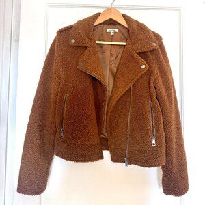 Max Studio Moto Jacket Women's Cognac Brown Faux Sherpa Teddy Bear - Sz M